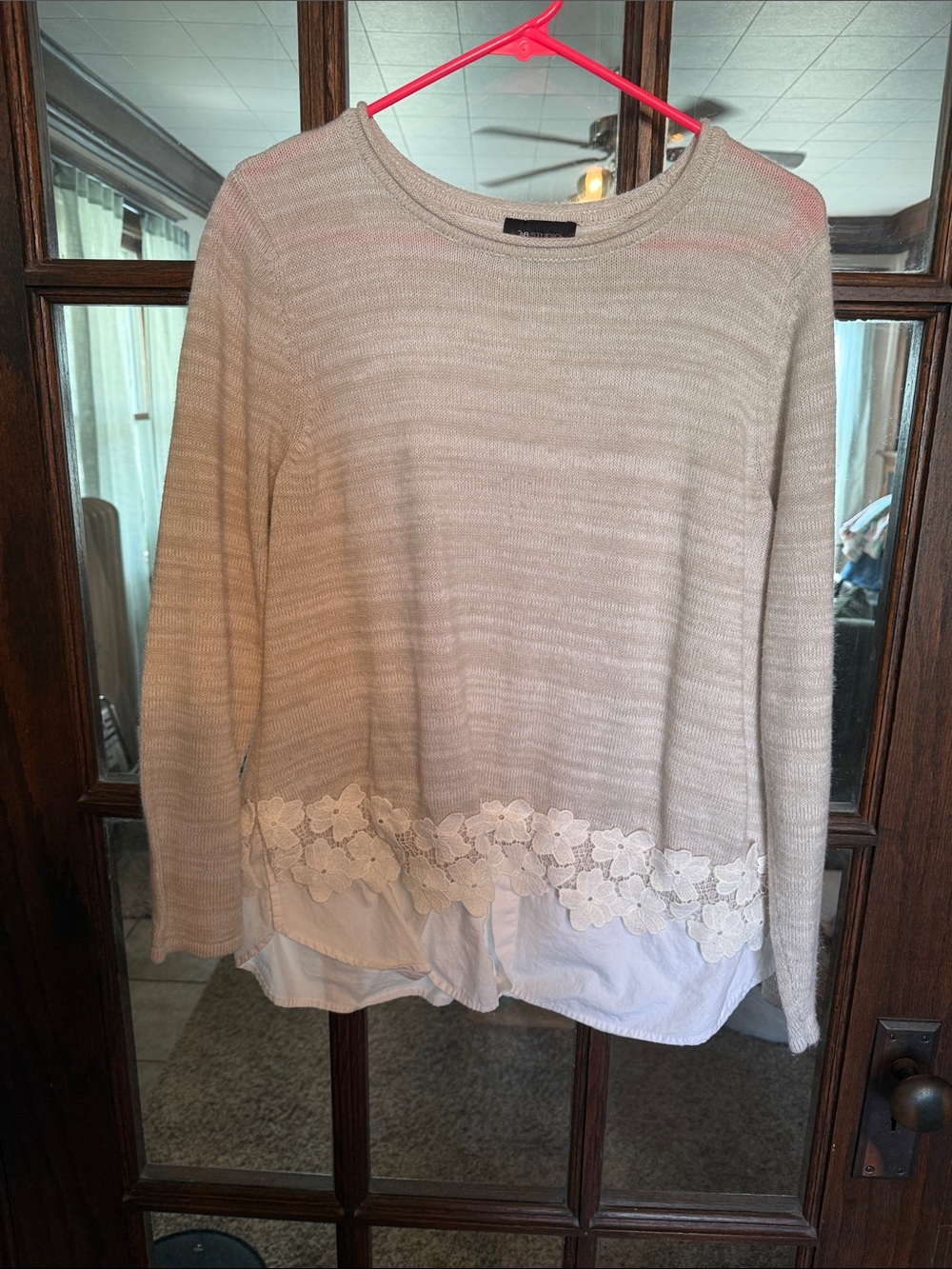 AB Studio Womens XL Oatmeal Marled Knit Layered Shirt Hem Floral‎ Lace Sweater
